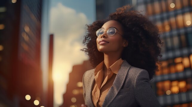 A young woman with curly hair and round glasses looks toward the sun in a city setting