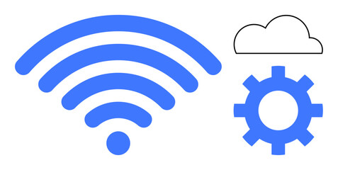 Blue wireless signal, gear icon, and a white cloud highlight concepts of networking, cloud computing, and connectivity. Ideal for technology, automation, innovation, internet communication digital