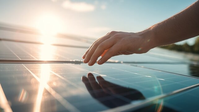 Hand ber&uuml;hrt Photovoltaik-Modul auf Dach bei Sonne f&uuml;r nachhaltige Energie
