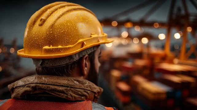 Focused worker in hardhat overseeing container port operations, rain glistening on helmet, industrial background with bokeh lights, shipping