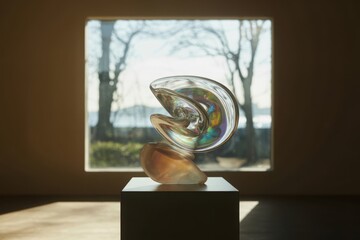 Contemporary abstract glass sculpture art piece with natural light and outdoor scenery