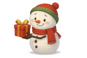 Snowman wearing red hat and scarf, holding a christmas gift, representing holiday joy and winter celebration