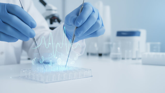 Laboratory research with gloved hands using tools on petri dish for longevity study in medical science and technology - Powered by Adobe
