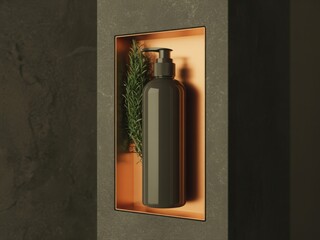 Luxury dispenser bottle inside a niched recess with warm lighting for a spa bathroom ambiance