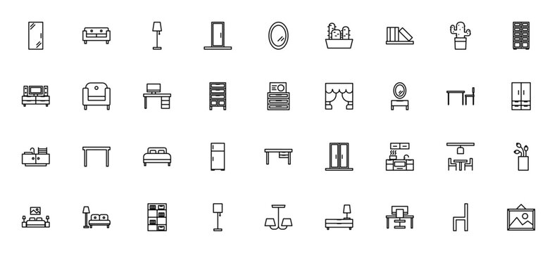 Furniture icon set. Minimalist vector icons pack. Inludes symbols for door, soa, lamp, mirror, cabinet, esk, bed, table, chair andmore. Editable stroke.