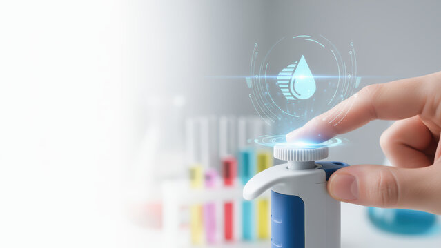 Longevity research concept with laboratory pipette and digital water drop icon symbolizing scientific innovation and health study