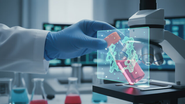 Longevity research concept with scientist examining molecular structure using microscope in laboratory environment