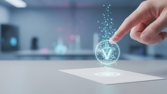 Longevity research concept with human finger interacting with futuristic hologram technology in laboratory environment for innovation - Powered by Adobe