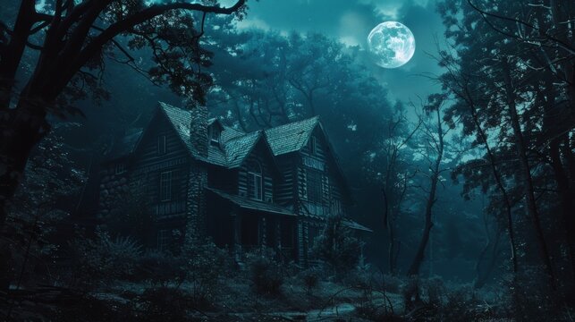 Enigmatic log cabin nestled deep within a dark forest under a full moon