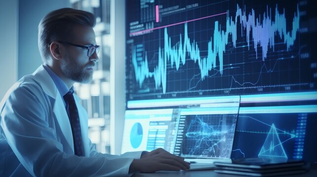 Focused scientist reviewing data on multiple screens