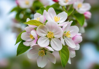 Charming detailed photograph of delicate pale pink apple blossoms glistening with dew.