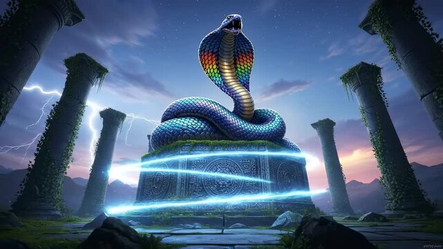 Mystical Giant Cobra God Statue in Ancient Temple Ruins.