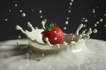 Close-up dynamic splash of strawberry falling into creamy liquid