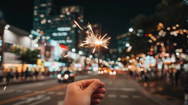 Hand holding a sparkler at night with city lights and buildings blurred in the background on the street