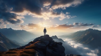 A lone hiker stands on a rocky peak, overlooking a vast mountain range blanketed in clouds during a dramatic sunset