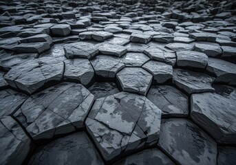 Dramatic close up of wet hexagonal basalt columns showing natural geometric patterns