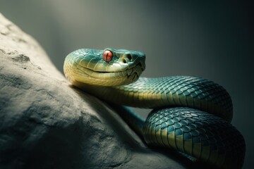 Dramatic close-up portrait of a coiled green snake with intense gaze