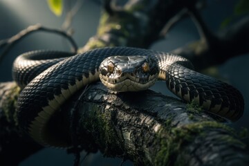 Intense close-up low angle shot of a large snake curled on branches with lush green foliage