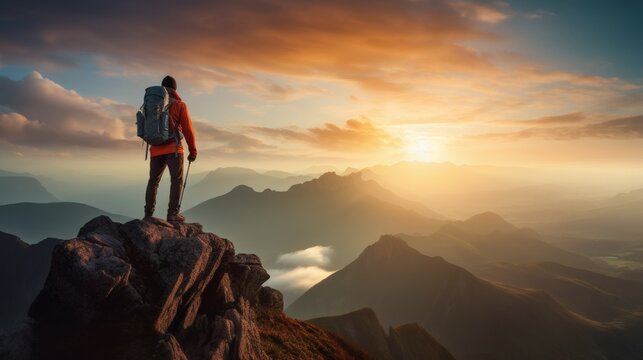 Adventurer standing on a mountain peak at sunset, overlooking a vast mountain range