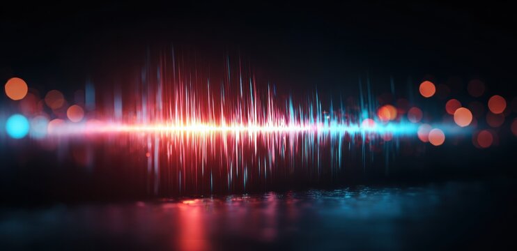 Abstract sound wave visualization with red and blue neon light reflections.