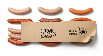 Assortment of artisan sausages displayed with a craft paper label on white background