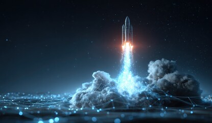 Rocket launch with bright blue exhaust over a dark digital network.
