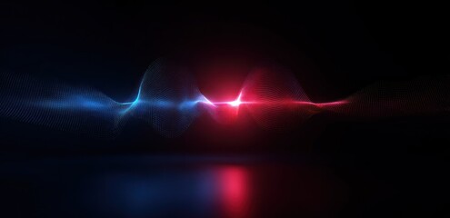 Abstract glowing particle wave visualization with blue and red light
