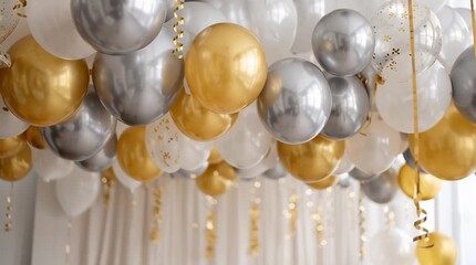 Festive scene with gold silver and white balloons decorating a bright and airy space for a party