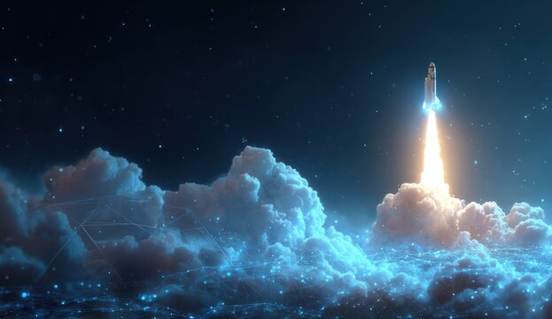 Rocket launch through glowing clouds into a dark starry sky. - Powered by Adobe