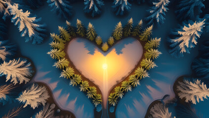 Heart shaped clearing in a snowy forest aerial view a symbol of love and nature perfect for environmental and romantic themes