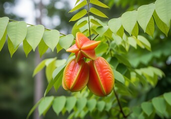 Obraz premium Vibrant orange starfruit carambola cluster growing on a tropical tree branch.