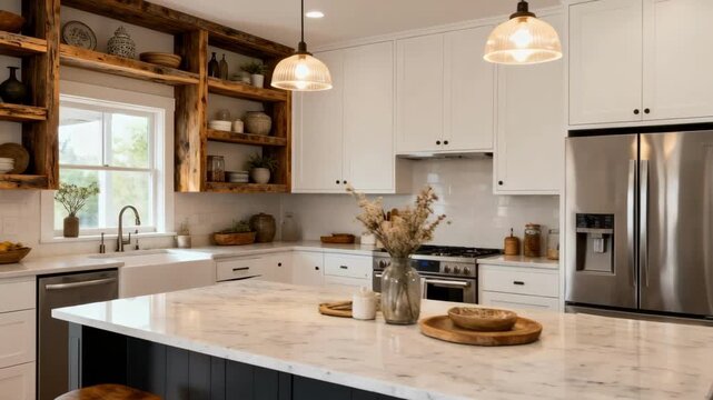 Medium shot of a modern kitchen featuring a personalized island layout with custom cabinetry and open shelving tailored to the homeowners style.