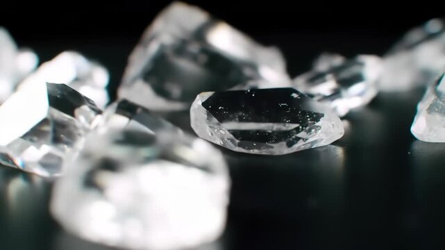 Detailed macro footage showcases rough, uncut crystal fragments, possibly diamonds, scattered on a reflective dark surface. Light glints off their faceted edges.