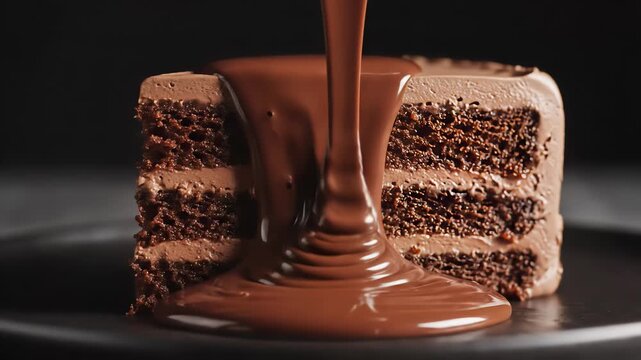 A decadent slice of layered chocolate cake receives a smooth, glistening pour of warm melted chocolate sauce, emphasizing rich textures and deep cocoa tones.