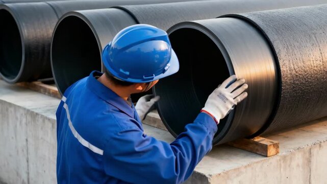 Medium framing of a technician inspecting the outer layer of highdensity polyethylene pipes emphasizing durability and weatherresistant properties.