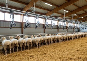 Automated shearing machines above a long row of white sheep in a modern farm facility.