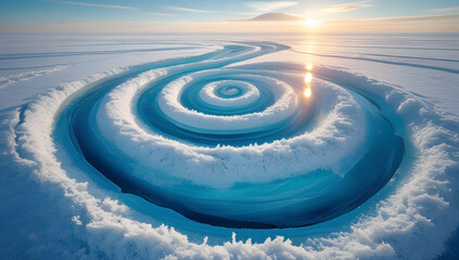 Aerial view of a spiral ice formation on a frozen lake a natural phenomenon created by melting ice and refreezing