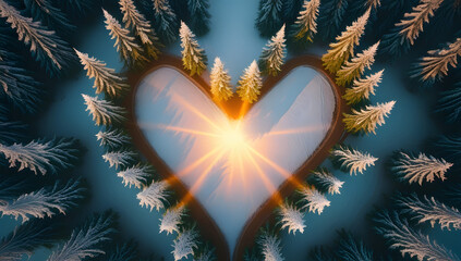 Heart shape formed by snowy pine trees winter scene with bright sunlight symbolizing love and nature in a cold season