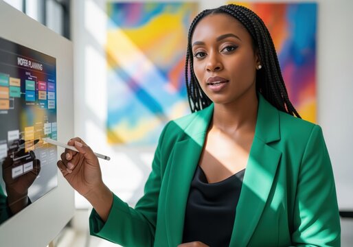 Confident african american businesswoman presenting data on a digital screen in a modern office setting