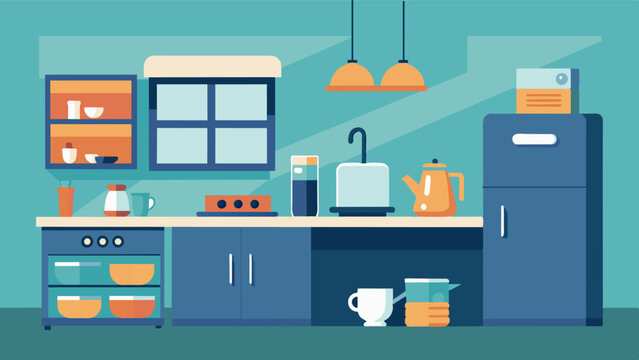 A fully equipped kitchenette allowing for a quick break to whip up a delicious meal during work breaks.. Vector illustration