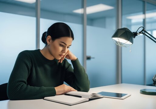 Contemplative young businesswoman working late in a modern office reading a notebook under a desk lamp.