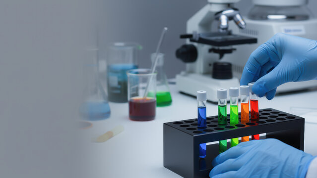 Test tube research in laboratory with microscope and scientist hands wearing gloves for longevity study