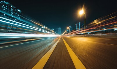 Night highway motion blur with light trails and city buildings.