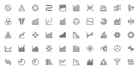 Chart and Diagram icon set. Business vector icons pak. Includes symbols for daa, graph, analytics, statitics, bar, pie chart, timeine, workflow, growth and ore. Editable stroke.