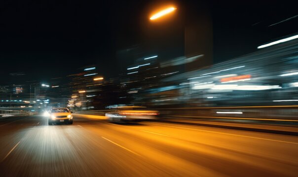 Night highway traffic motion blur with bright vehicle headlights. - Powered by Adobe
