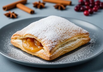 Flaky apple turnover pastry filled with fruit jam and powdered sugar on plate