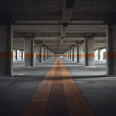 Underground parking garage featuring concrete columns and orange stripes, characterized by its empty urban architecture.