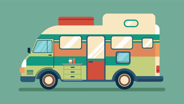 A cleverly designed camper van with designated areas for living and working allowing for a seamless transition between the two.. Vector illustration