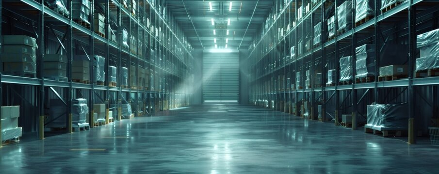 Vast warehouse interior with rows of high storage racks filled with packaged goods