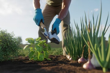 Gardener working in a lush vegetable garden planting fresh produce in warm sunlight